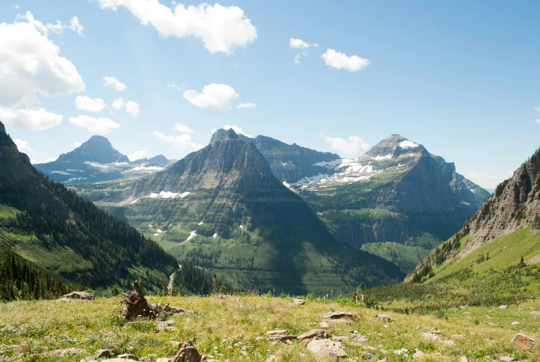 a grassy area with mountains in the distance