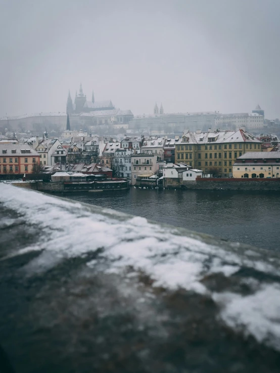 view of some buildings and water and snow