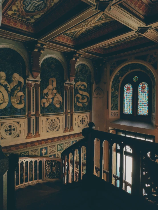 looking down into a room with decorated walls