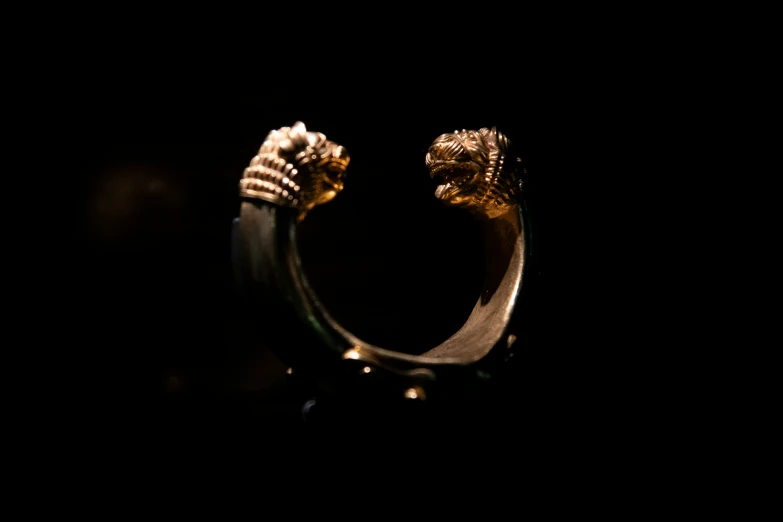 two gold rings one ring with lions on top