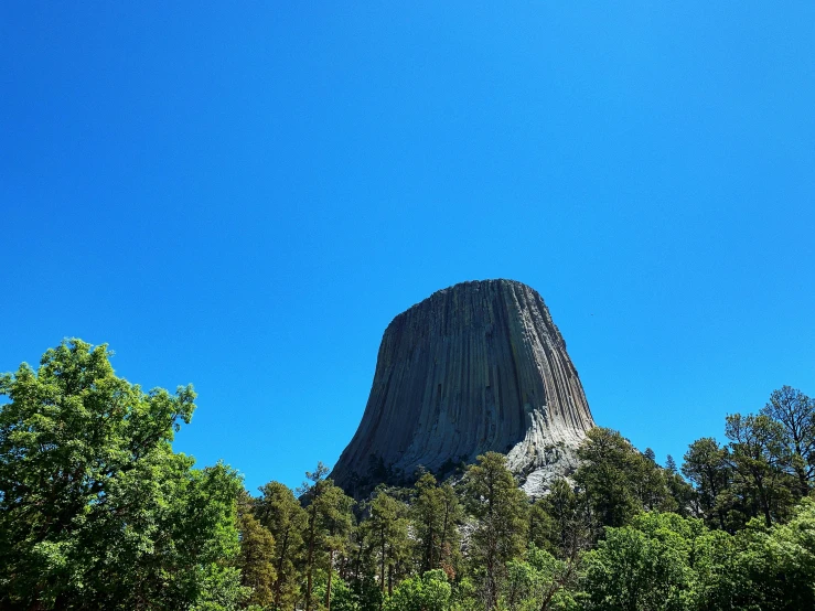 the top of a rock towering over trees