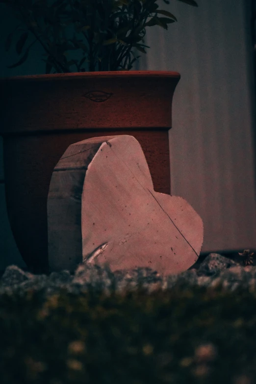 a big heart shaped rock sitting next to a potted plant