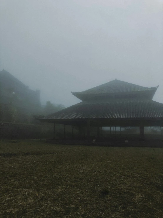 an asian style building is seen on a foggy day