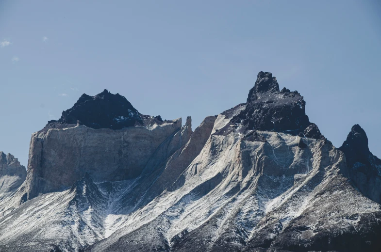 the mountain is covered in snow and a clear sky