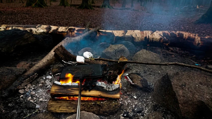 a campsfire with lots of wood and a lot of food on top of it