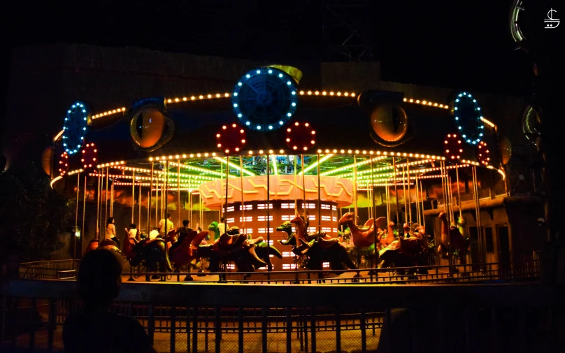 many people enjoying an amut park at night