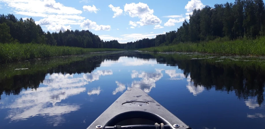 a paddle boat floats through a canal surrounded by trees