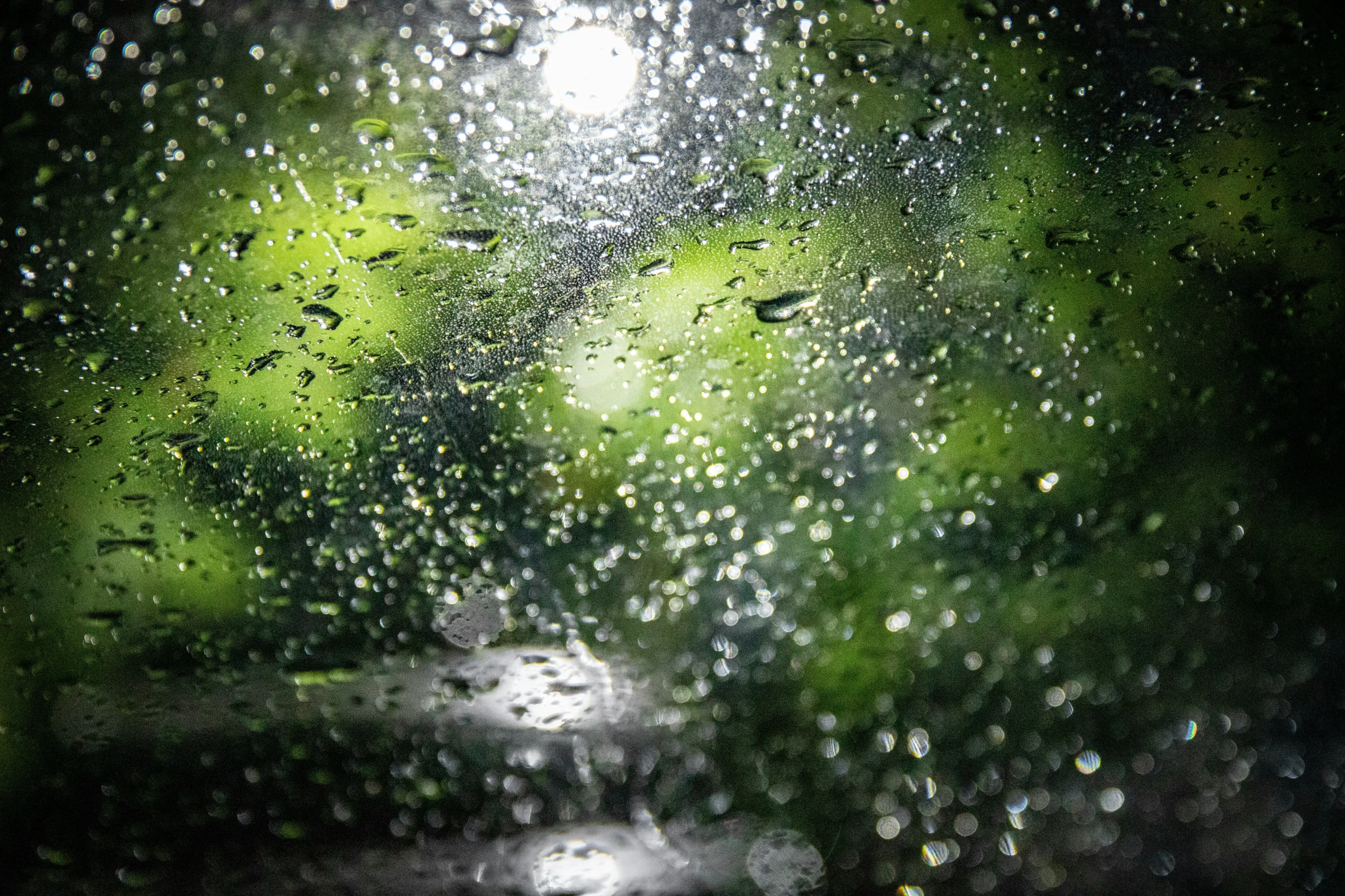 rain falls and blurry lights shine on a window