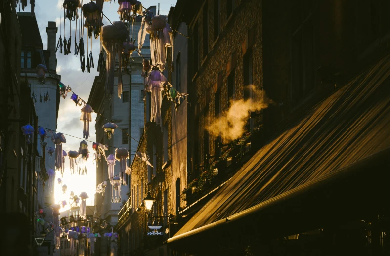 street in a city with balloons hanging down