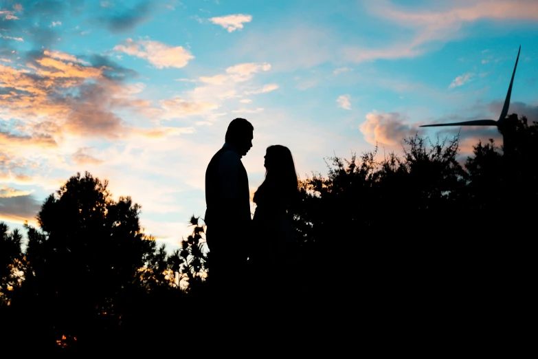 two people standing under trees in the evening