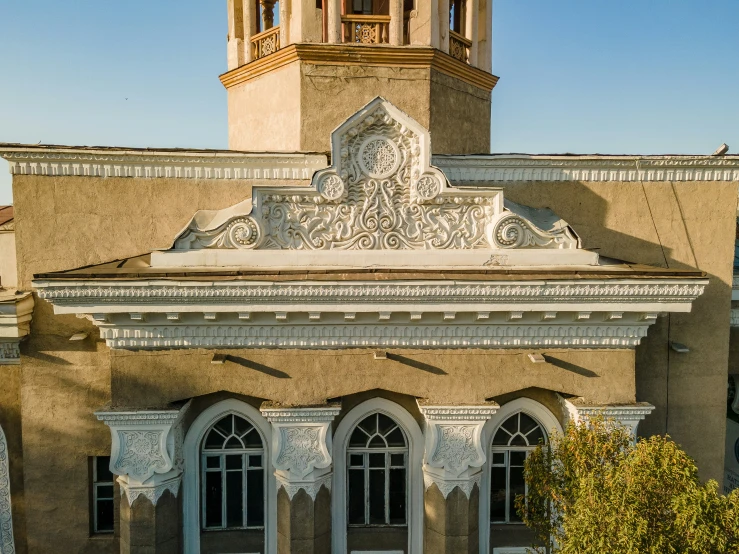 the ornate architecture of the old building is prominent