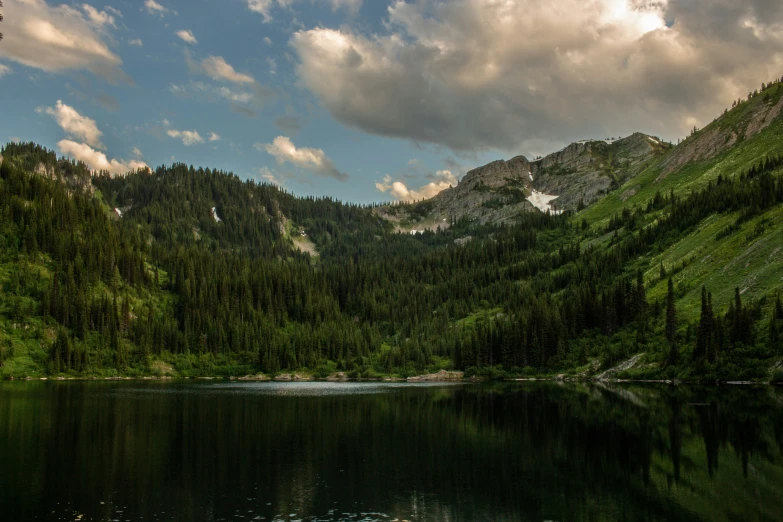 a mountain scene with a lake and forest surrounding it