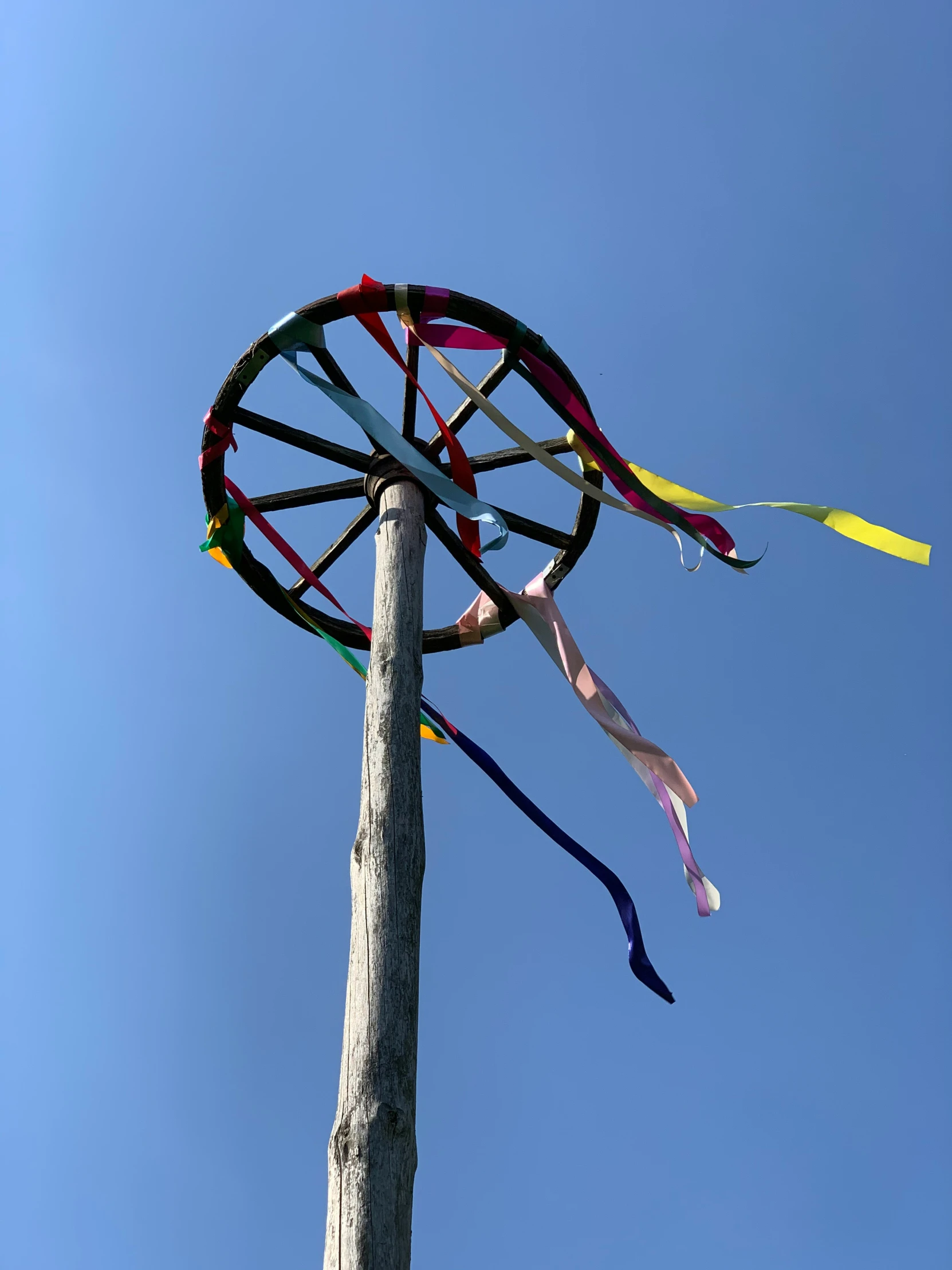 a pole with a bunch of streamers flying in the air