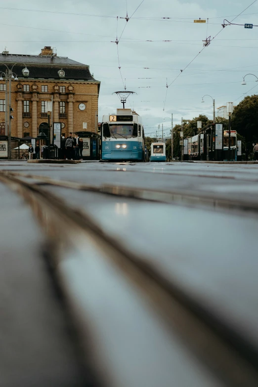 a bus is seen from a distance in the street