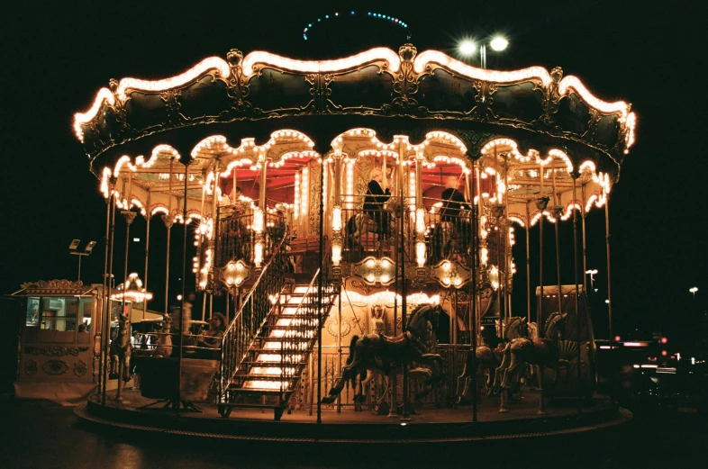 the merry go round has lit up bright lights