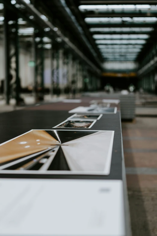 an empty bench with pictures on it