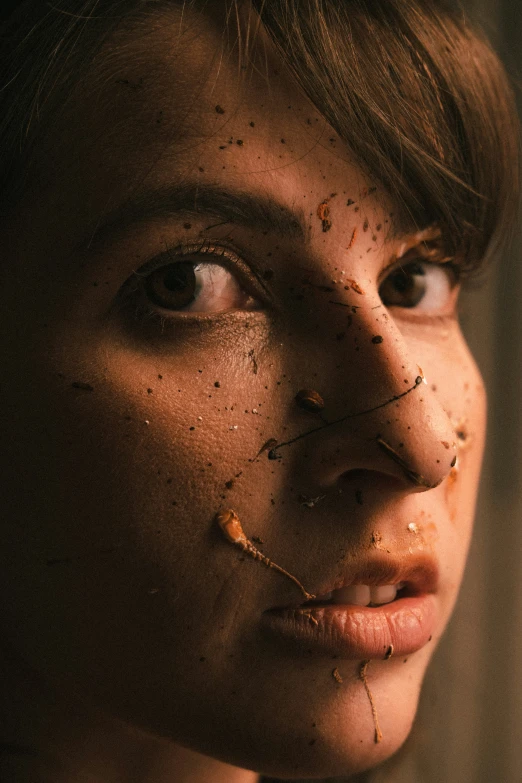 a woman is putting various parts of her face together