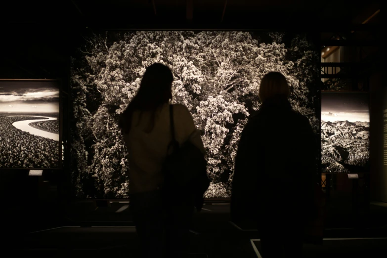 two women in the dark looking at art on display