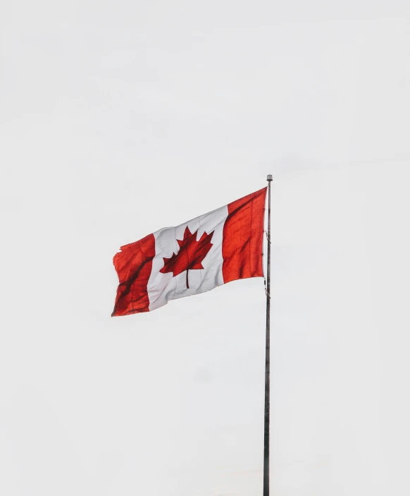 the canadian flag is flying high on top of a pole