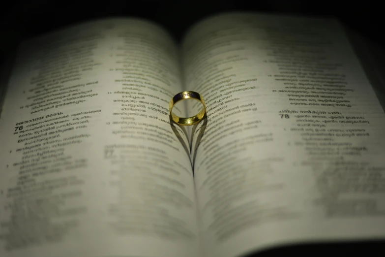 a book with a ring is opened to show words and symbols