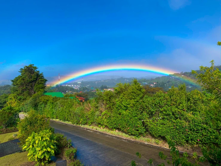 a rainbow that is over the top of a hill