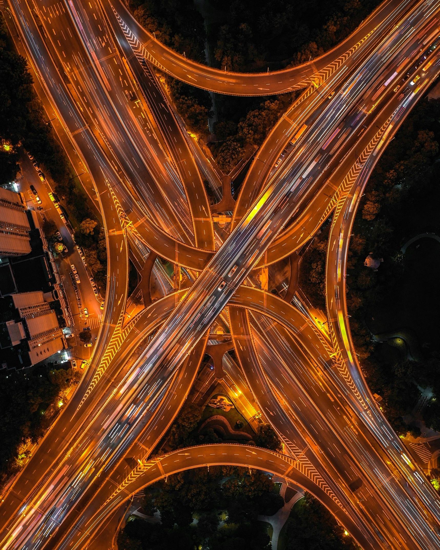 the overhead view shows many street intersection with several lights