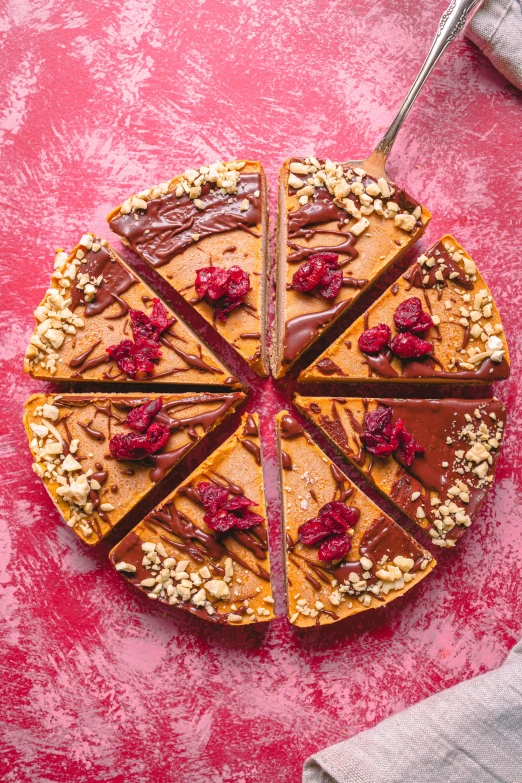 slices of chocolate cranberry baked cake on a red napkin