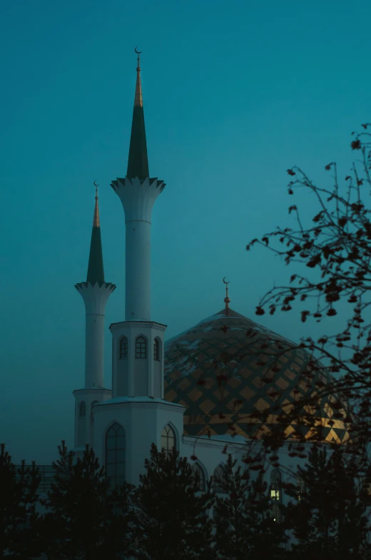 an ornate building at dusk with trees in foreground