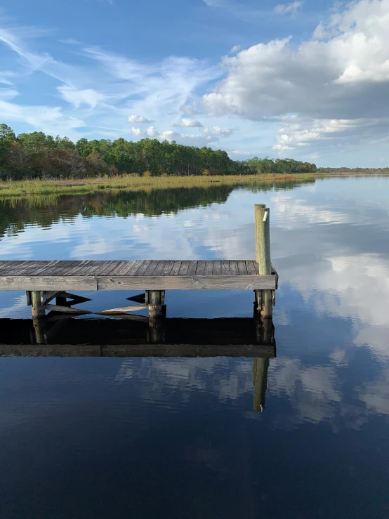 a pier is in the water at the edge of a lake