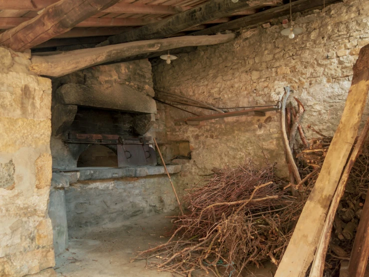 an old run down kitchen with brick walls