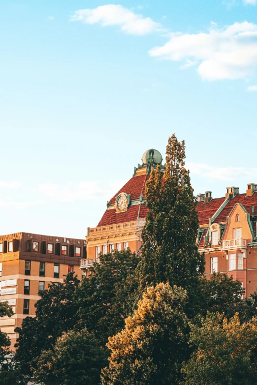 the buildings are all brown and green in the day time