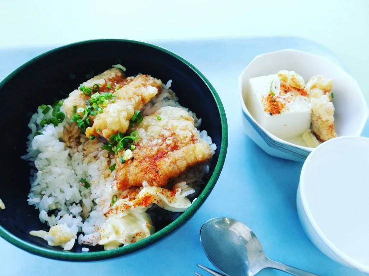 a bowl full of rice with meat in the center