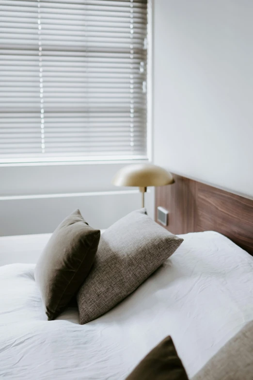 a white bed topped with two pillows near a window