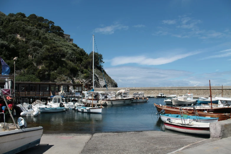 boats docked at a harbor in front of a hill