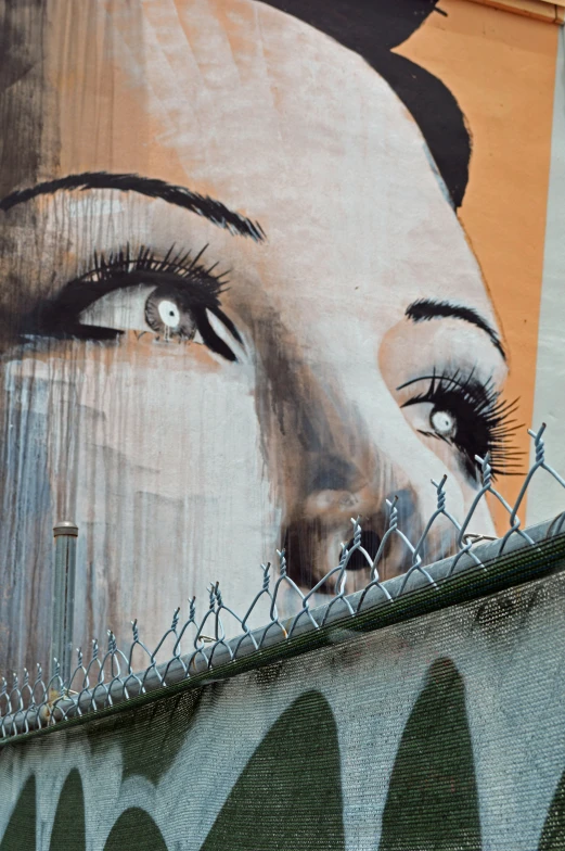 a large painting of a woman's face has eyes