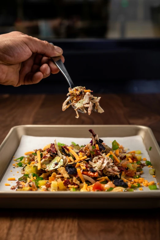 a person holding up a fork with food in it