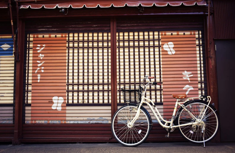 a bike parked in front of a closed store