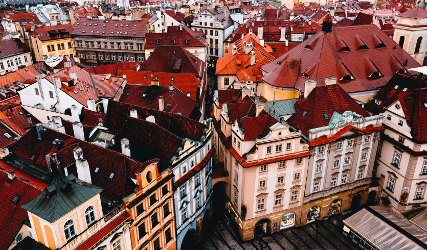 a town with lots of old buildings and red roofs