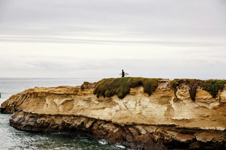 a man standing on a rocky cliff next to the ocean