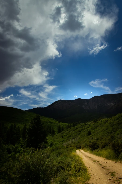 an empty path on a grassy hill with a cloudy sky