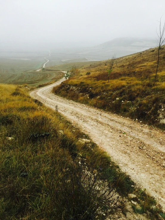 a dirt road is shown in the fog