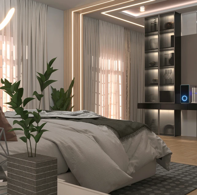 a contemporary bedroom with a bed and bookcases