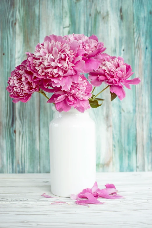 a white vase holding some pink flowers on top of a table