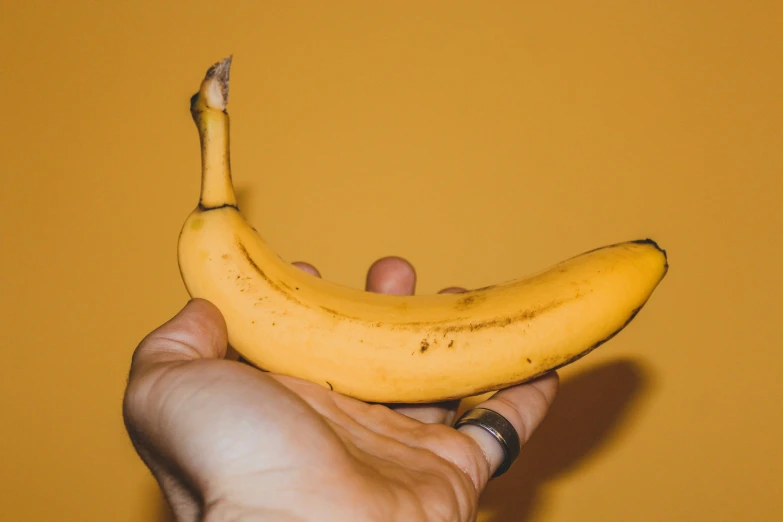 a hand holding up a yellow banana with yellow background