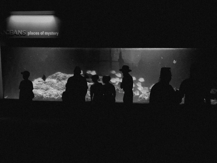 silhouettes stand in a darkened area near a large aquarium