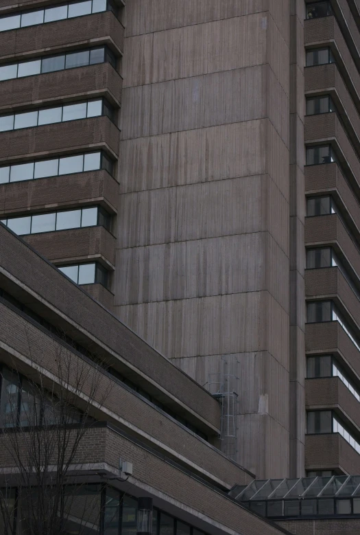 a tall building with windows near by a street sign