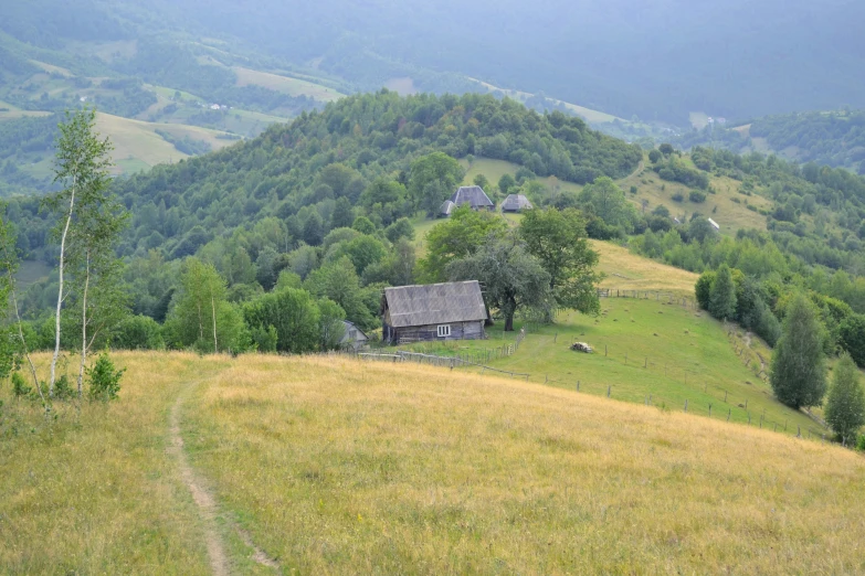 the farm is surrounded by tall trees and grassy hills