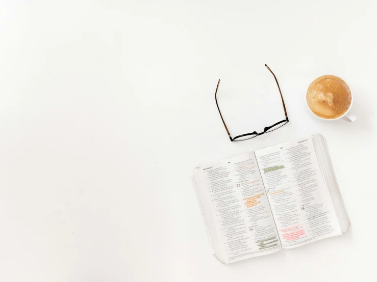 a cup of coffee next to an open book