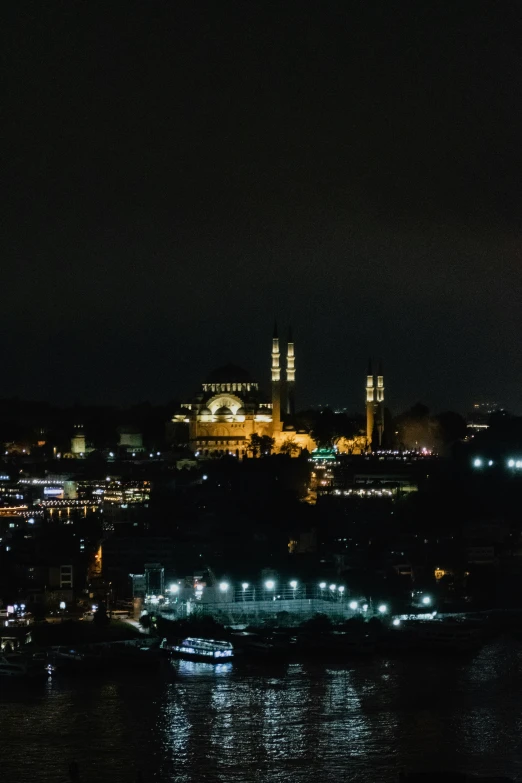 a very large city by the water at night