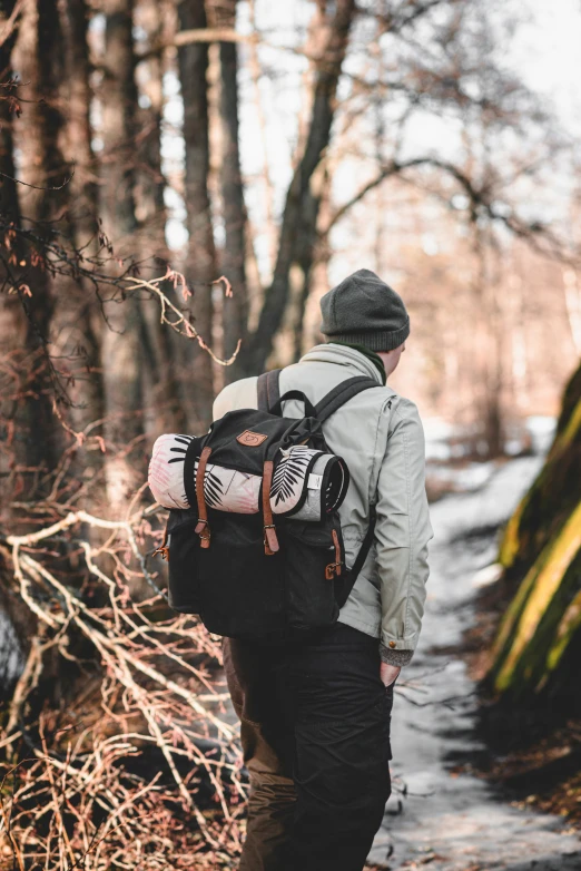 a person with a backpack walking down a path in the woods